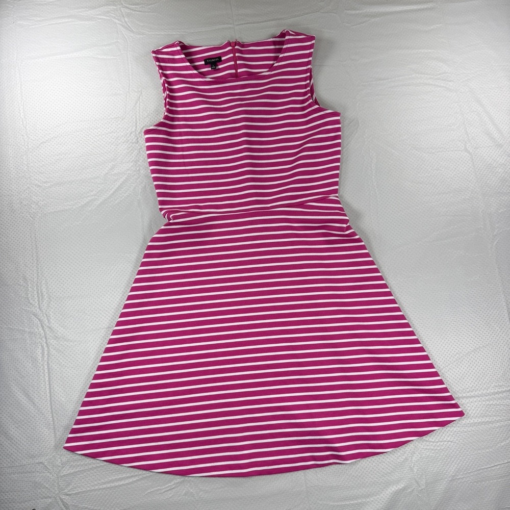 Talbots Fit & Flare Dress L Pink White Striped Sleeveless Knit A-Line Midi Large